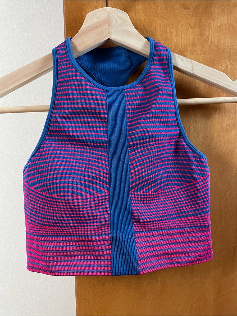 Fabletics Pink and Blue Striped High-Neck Sports Bra